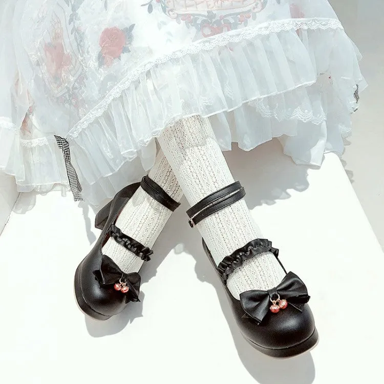 Women Shallow Ankle Strap Bowtie Block Chunky Heel Platform Pumps