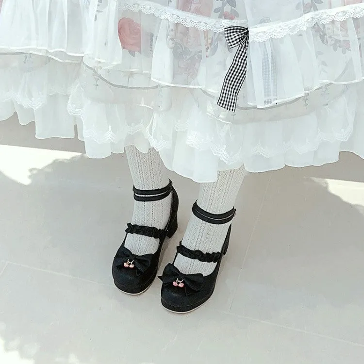 Women Shallow Ankle Strap Bowtie Block Chunky Heel Platform Pumps
