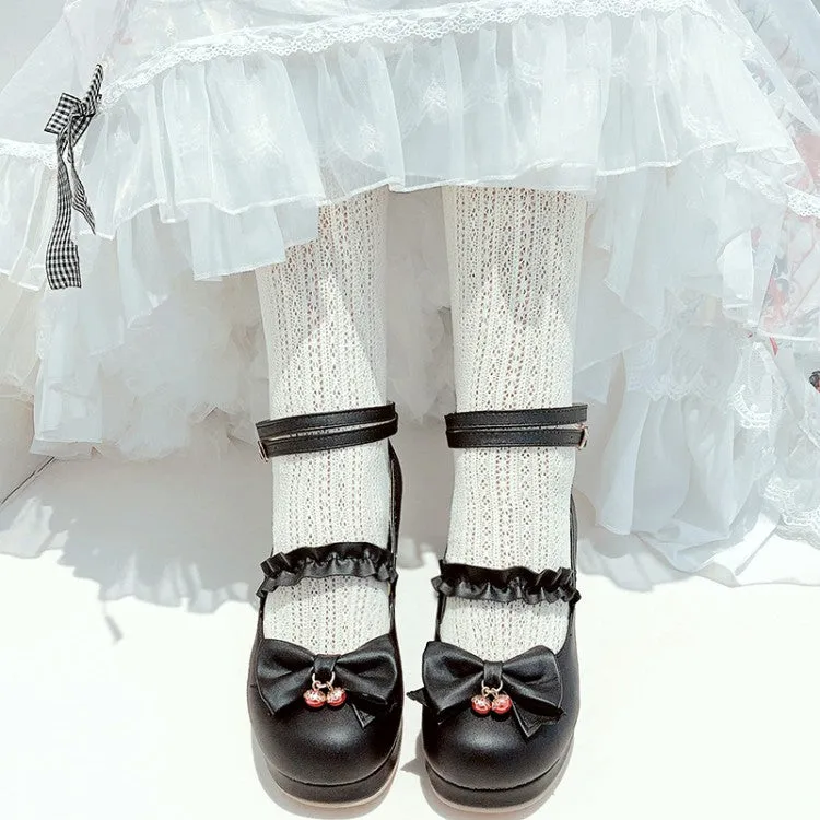 Women Shallow Ankle Strap Bowtie Block Chunky Heel Platform Pumps