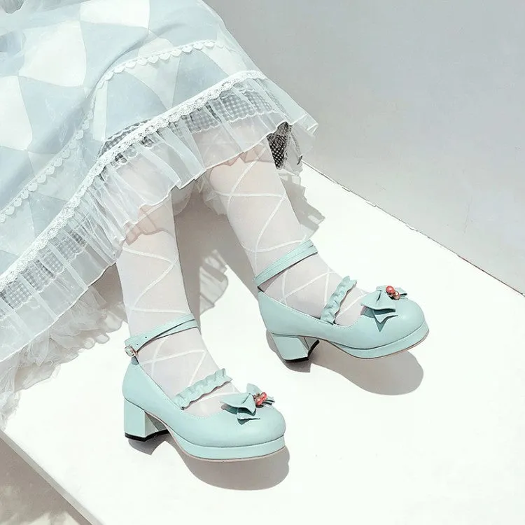 Women Shallow Ankle Strap Bowtie Block Chunky Heel Platform Pumps