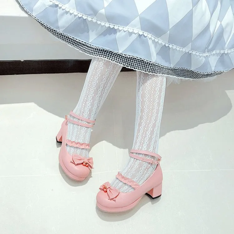 Women Shallow Ankle Strap Bowtie Block Chunky Heel Platform Pumps