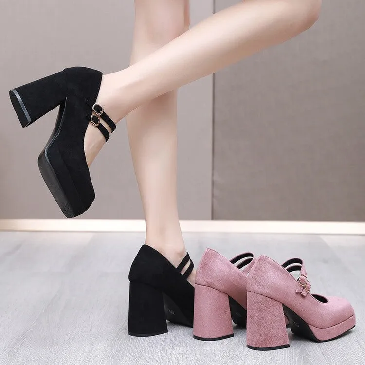 Women Square Toe Shallow Mary Janes Chunky Heel Platform Pumps