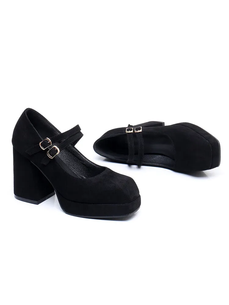 Women Square Toe Shallow Mary Janes Chunky Heel Platform Pumps