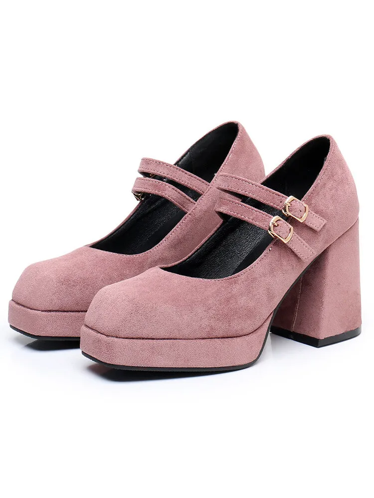 Women Square Toe Shallow Mary Janes Chunky Heel Platform Pumps
