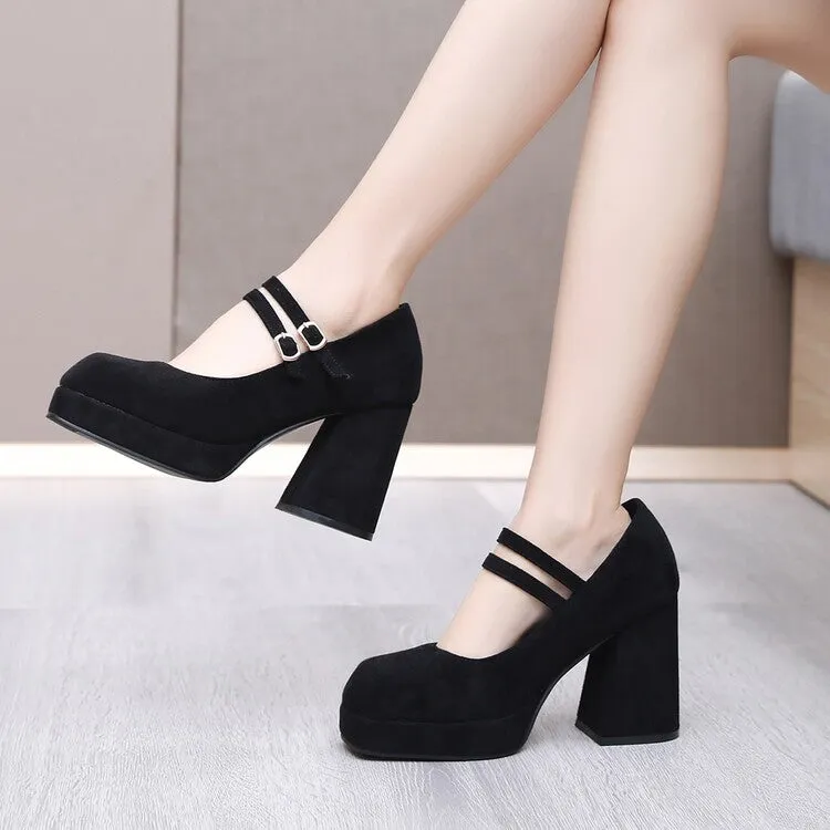 Women Square Toe Shallow Mary Janes Chunky Heel Platform Pumps