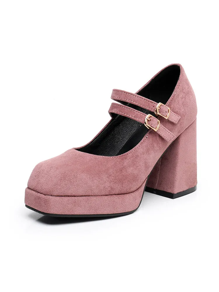 Women Square Toe Shallow Mary Janes Chunky Heel Platform Pumps