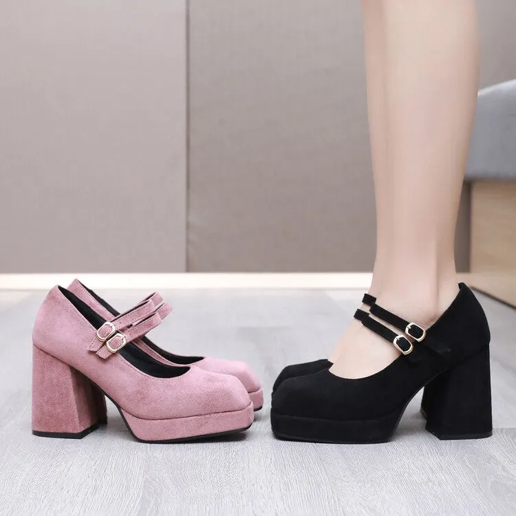 Women Square Toe Shallow Mary Janes Chunky Heel Platform Pumps