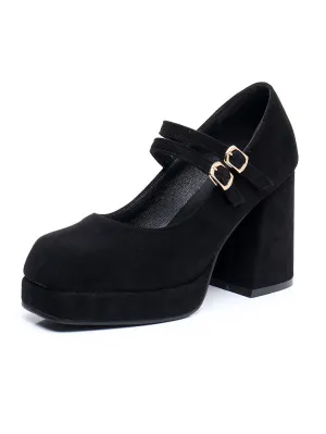 Women Square Toe Shallow Mary Janes Chunky Heel Platform Pumps