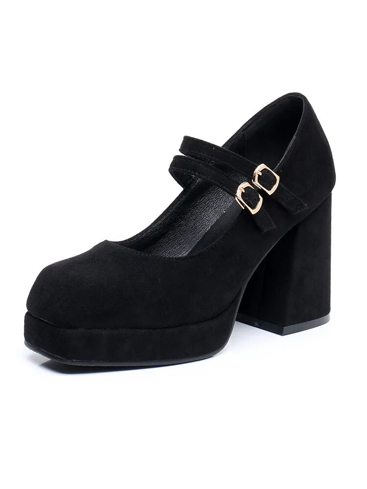 Women Square Toe Shallow Mary Janes Chunky Heel Platform Pumps