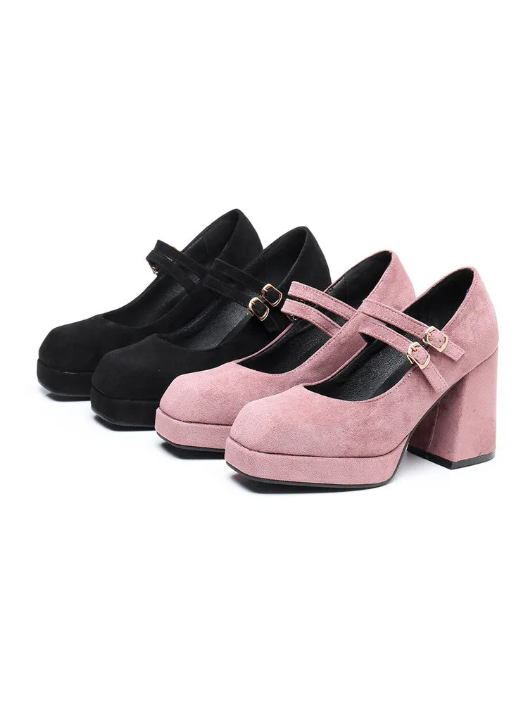 Women Square Toe Shallow Mary Janes Chunky Heel Platform Pumps