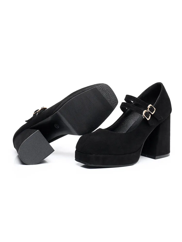 Women Square Toe Shallow Mary Janes Chunky Heel Platform Pumps
