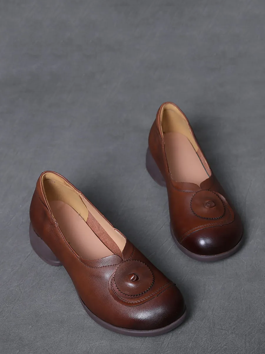 Women Vintage Leather Spliced Mid Heel Shoes