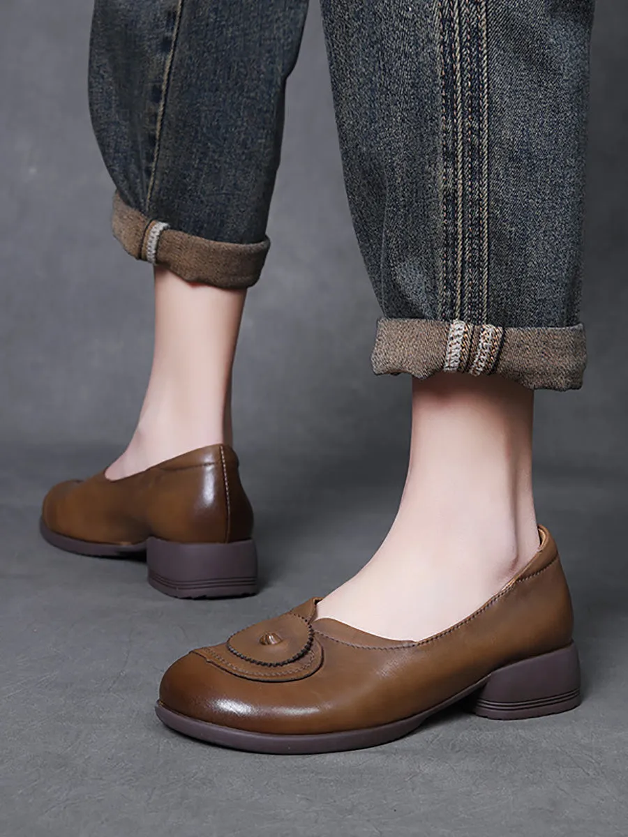Women Vintage Leather Spliced Mid Heel Shoes