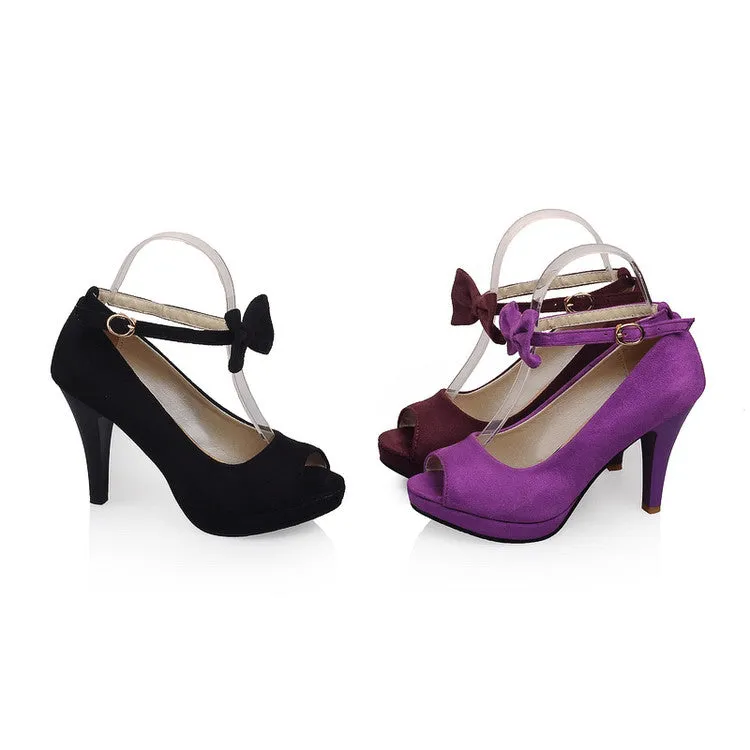 Women's Ankle Strap Butterfly Knot Peep Toe Stiletto High Heel Platform Pumps