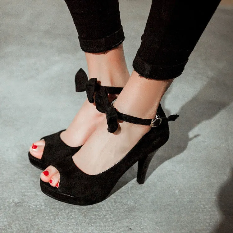 Women's Ankle Strap Butterfly Knot Peep Toe Stiletto High Heel Platform Pumps