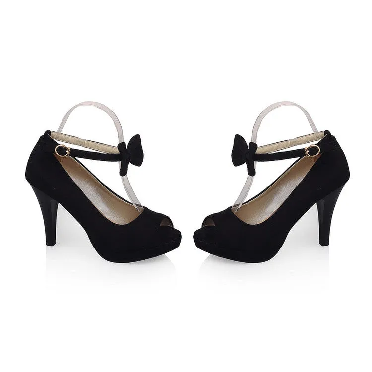 Women's Ankle Strap Butterfly Knot Peep Toe Stiletto High Heel Platform Pumps