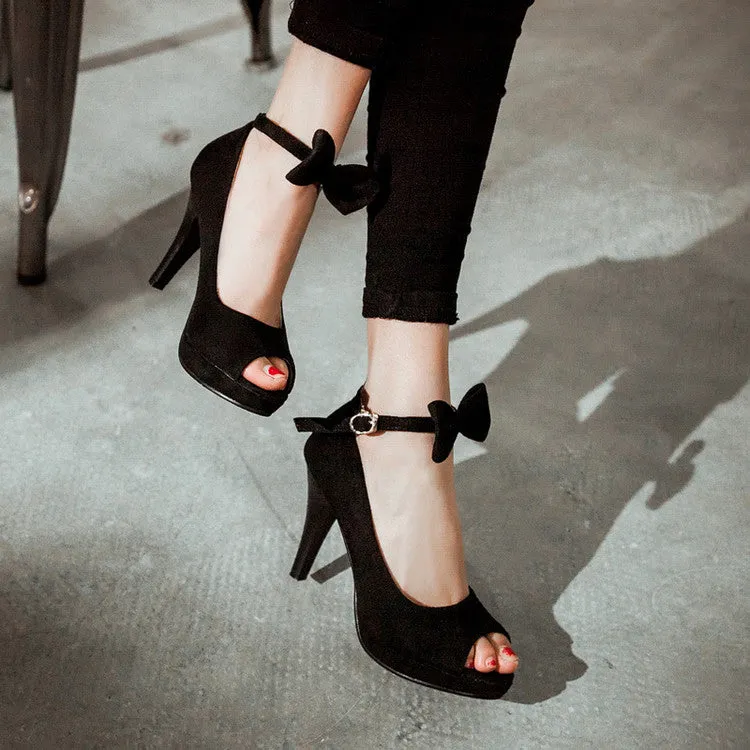 Women's Ankle Strap Butterfly Knot Peep Toe Stiletto High Heel Platform Pumps