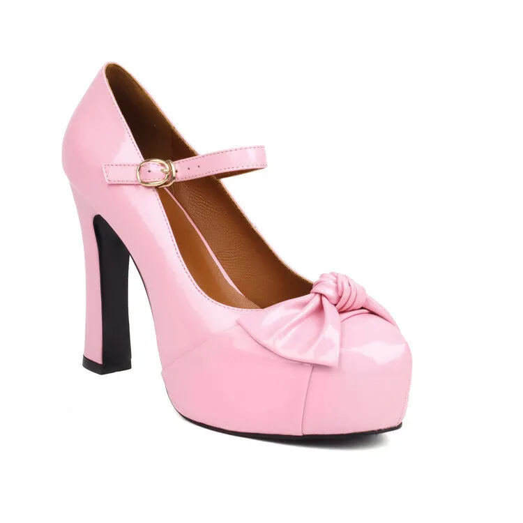 Women's Bow Tie Shallow Chunky Heel Mary Jane Platform Pumps