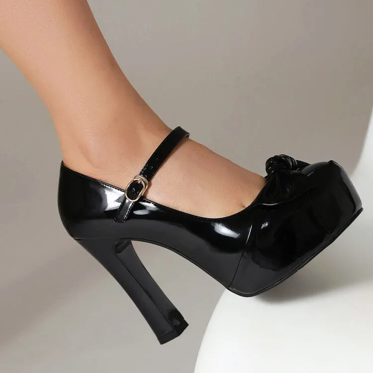 Women's Bow Tie Shallow Chunky Heel Mary Jane Platform Pumps