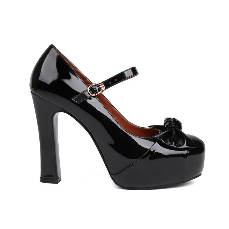 Women's Bow Tie Shallow Chunky Heel Mary Jane Platform Pumps