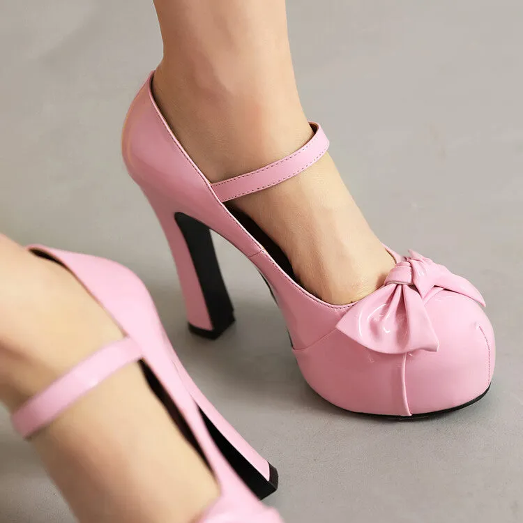 Women's Bow Tie Shallow Chunky Heel Mary Jane Platform Pumps
