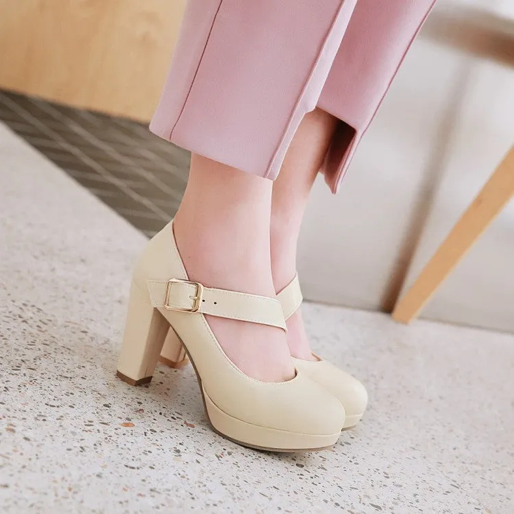 Women's Buckle Belt High Heels Chunky Platform Pumps