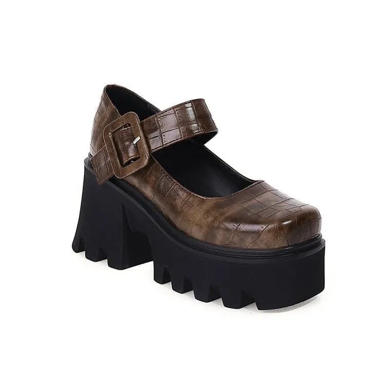Women's Crocodile Pattern Pu Leather Belts Buckles Chunky Heel Platform Mary Jane Shoes