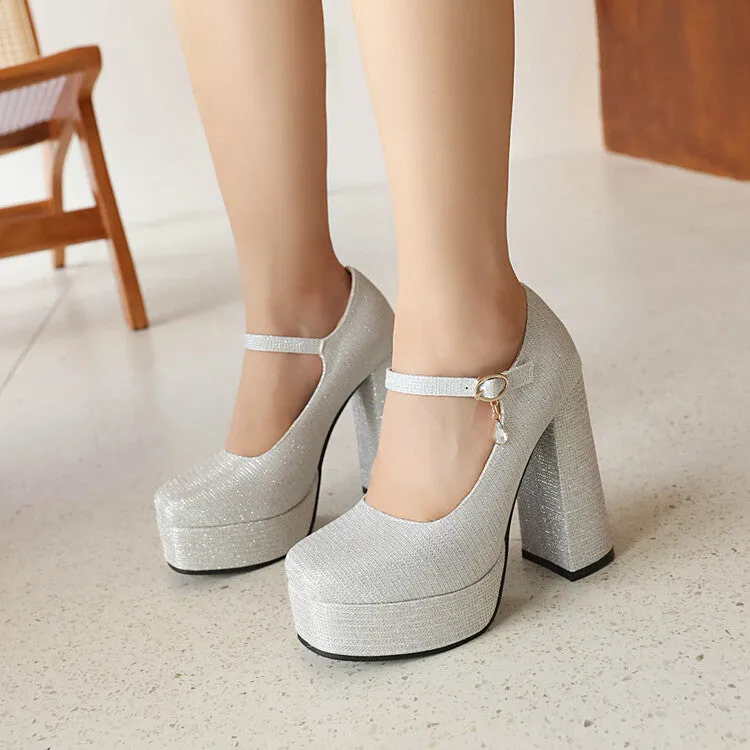 Women's Glitter Shallow Block Chunky Heel Mary Janes Platform Pumps