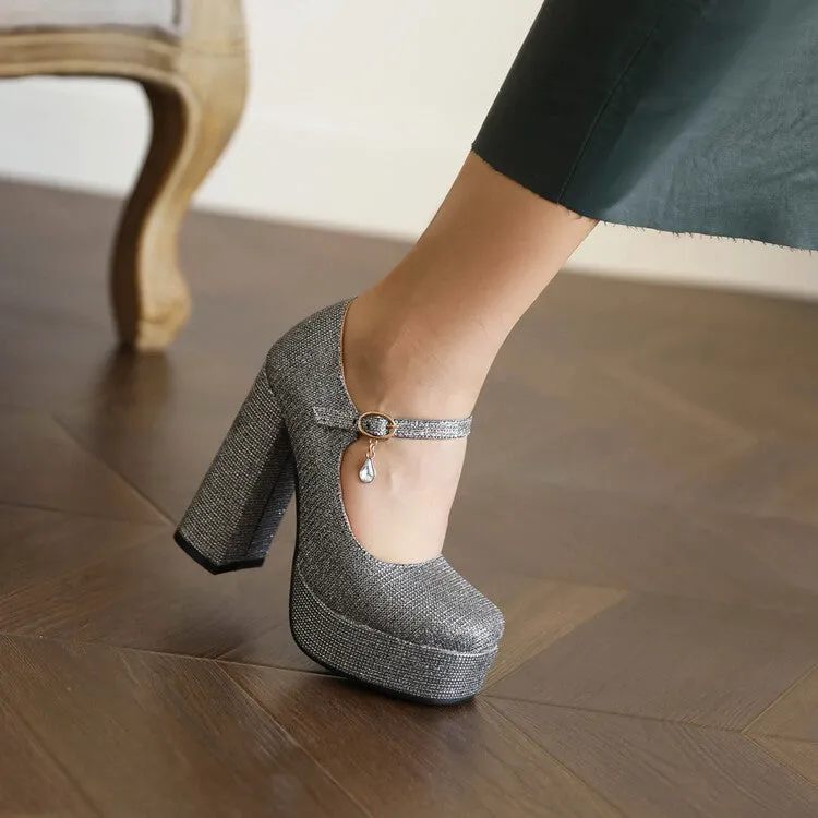 Women's Glitter Shallow Block Chunky Heel Mary Janes Platform Pumps