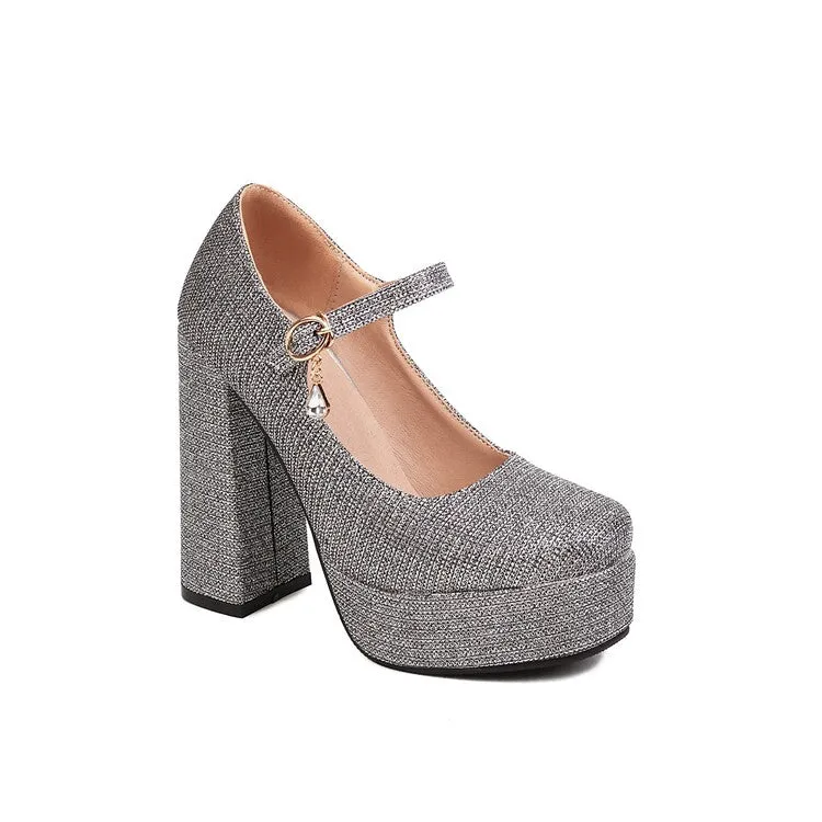 Women's Glitter Shallow Block Chunky Heel Mary Janes Platform Pumps