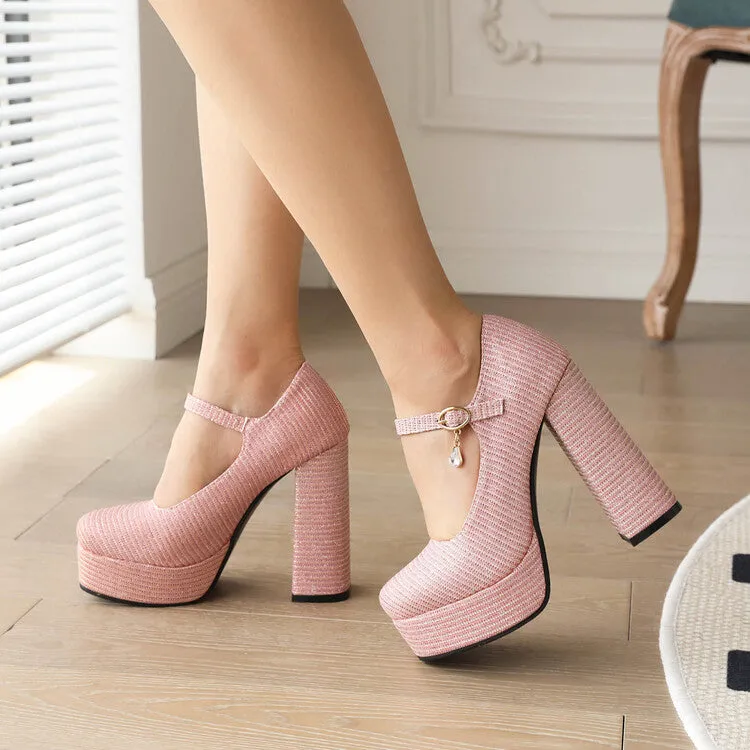Women's Glitter Shallow Block Chunky Heel Mary Janes Platform Pumps