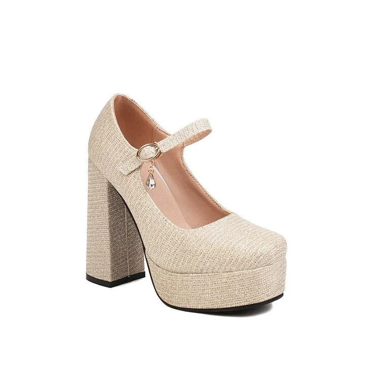 Women's Glitter Shallow Block Chunky Heel Mary Janes Platform Pumps