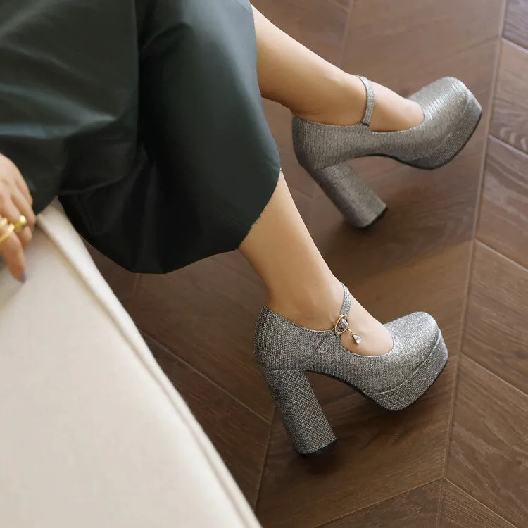 Women's Glitter Shallow Block Chunky Heel Mary Janes Platform Pumps