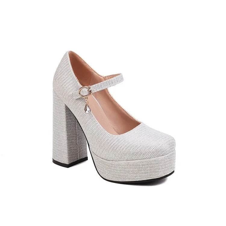 Women's Glitter Shallow Block Chunky Heel Mary Janes Platform Pumps