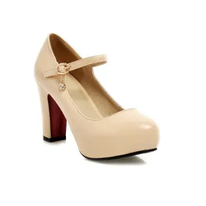 Women's Glossy Almond Toe Chunky Heels Mary Jane High Heel Platform Pumps