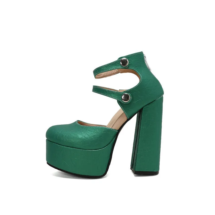 Women's Glossy Round Toe Square Heel Ankle Strap Platform Pumps