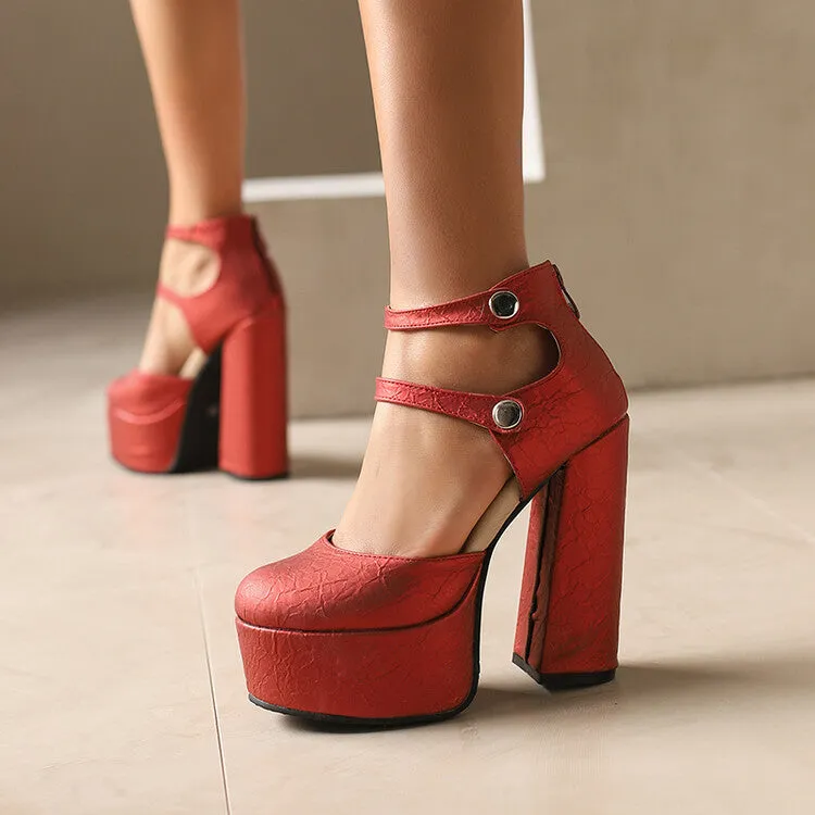 Women's Glossy Round Toe Square Heel Ankle Strap Platform Pumps