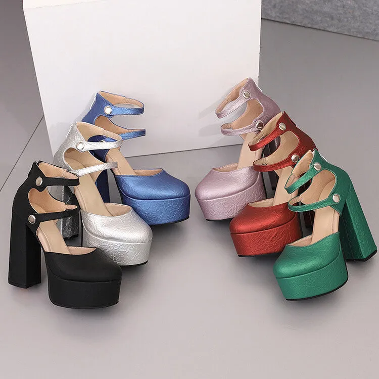 Women's Glossy Round Toe Square Heel Ankle Strap Platform Pumps