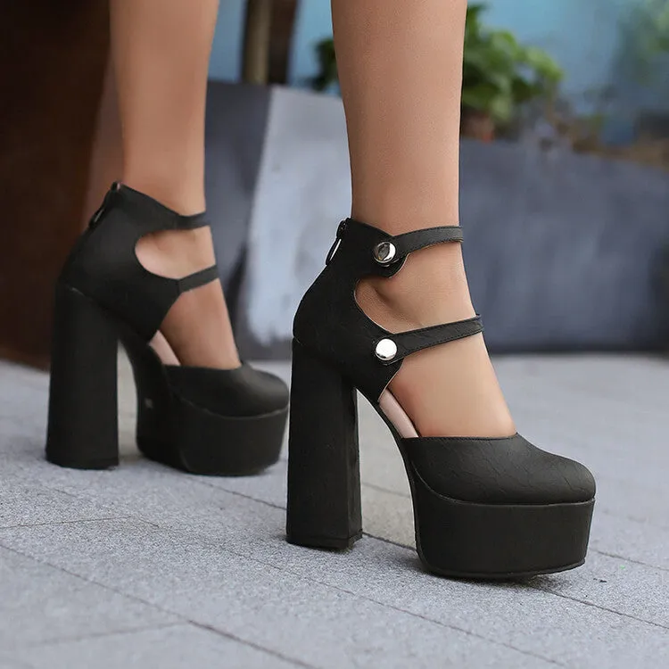 Women's Glossy Round Toe Square Heel Ankle Strap Platform Pumps