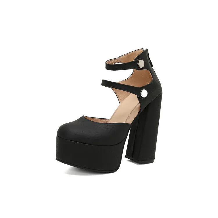 Women's Glossy Round Toe Square Heel Ankle Strap Platform Pumps