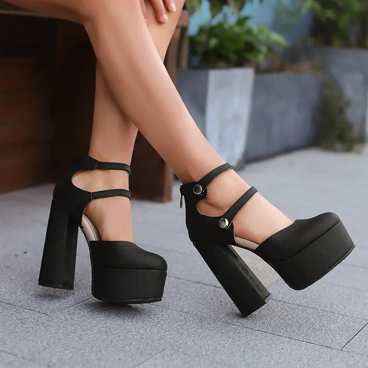 Women's Glossy Round Toe Square Heel Ankle Strap Platform Pumps