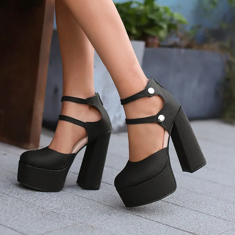 Women's Glossy Round Toe Square Heel Ankle Strap Platform Pumps