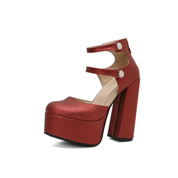 Women's Glossy Round Toe Square Heel Ankle Strap Platform Pumps