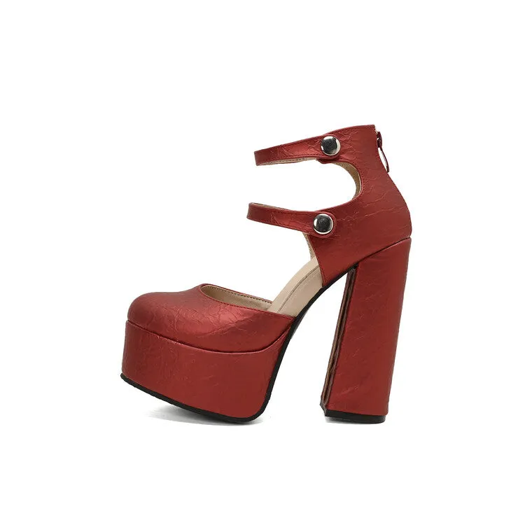 Women's Glossy Round Toe Square Heel Ankle Strap Platform Pumps