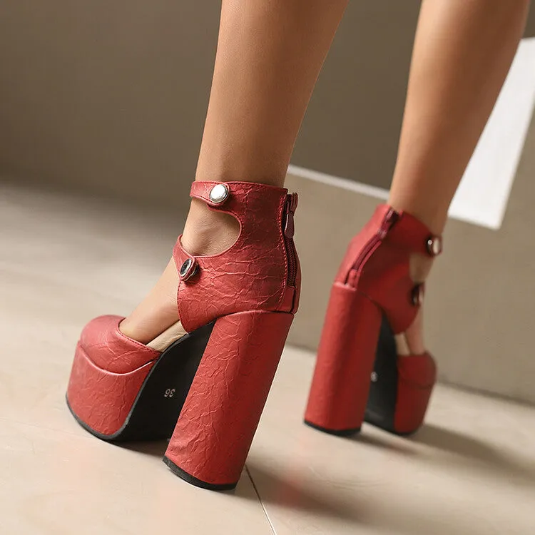 Women's Glossy Round Toe Square Heel Ankle Strap Platform Pumps