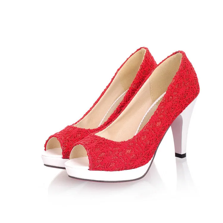 Women's Lace Peep Toe Platform High Heel Pumps