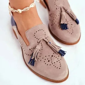 Women’s Loafers – Tassels Genuine Sheepskin Moccasins, Pointed Toe Flat Shoes, Handmade Carved with Color Matching, Breathable, 2024