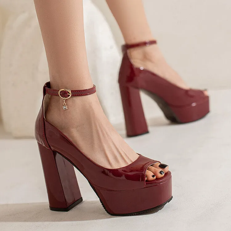 Women's Open Toe Shallow Ankle Strap Block Heel Platform Pumps