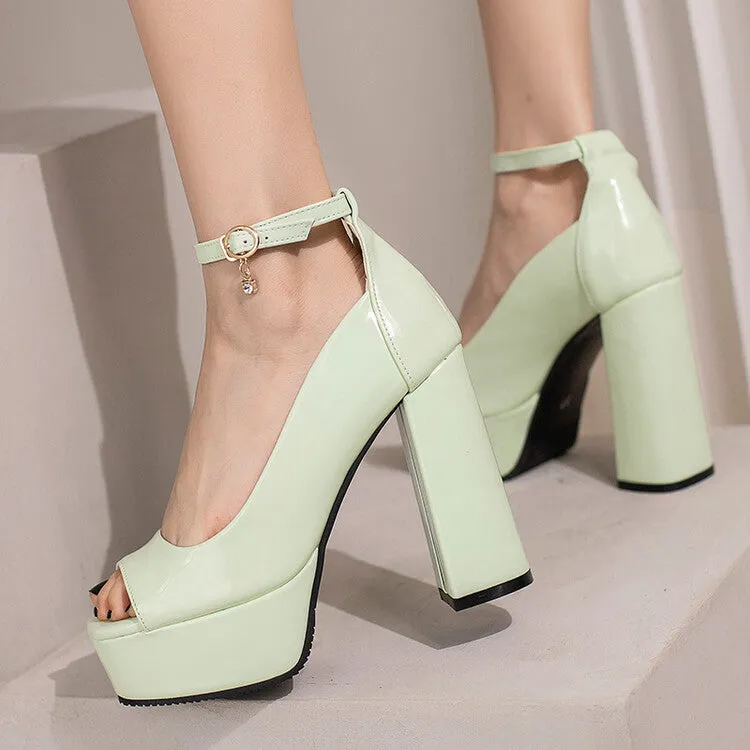 Women's Open Toe Shallow Ankle Strap Block Heel Platform Pumps