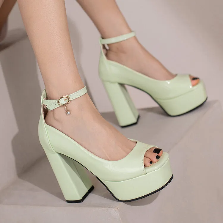 Women's Open Toe Shallow Ankle Strap Block Heel Platform Pumps